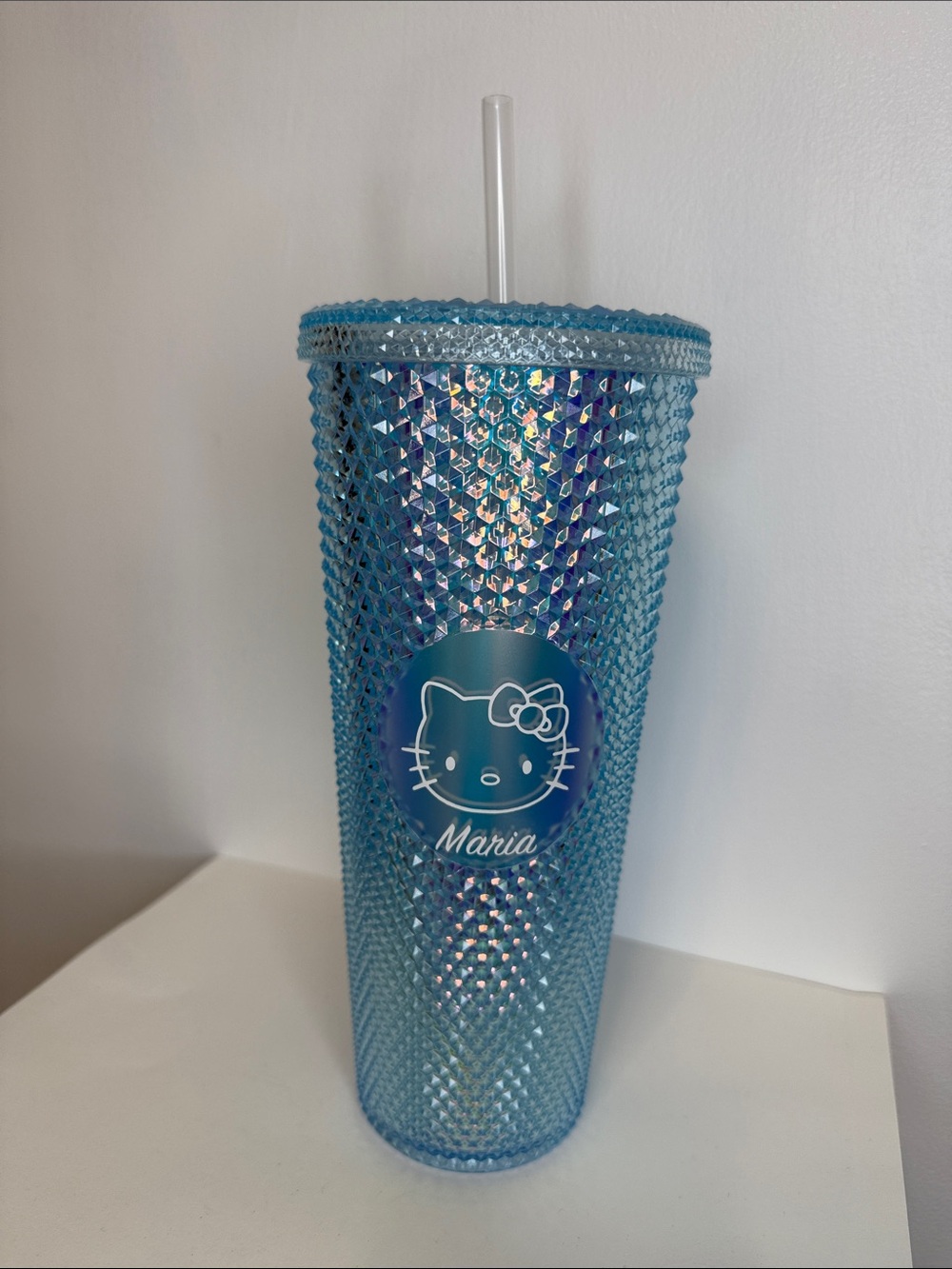Custom Hello Kitty Iridescent Light Blue Studded Tumbler 24oz - Maria